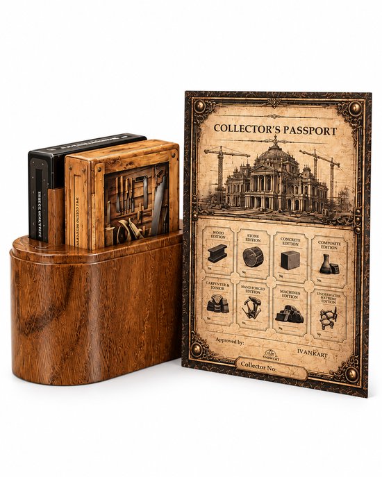 Houten box met twee decks speelkaarten en een Collector's Passport met tekening van een gebouw en editielijst.