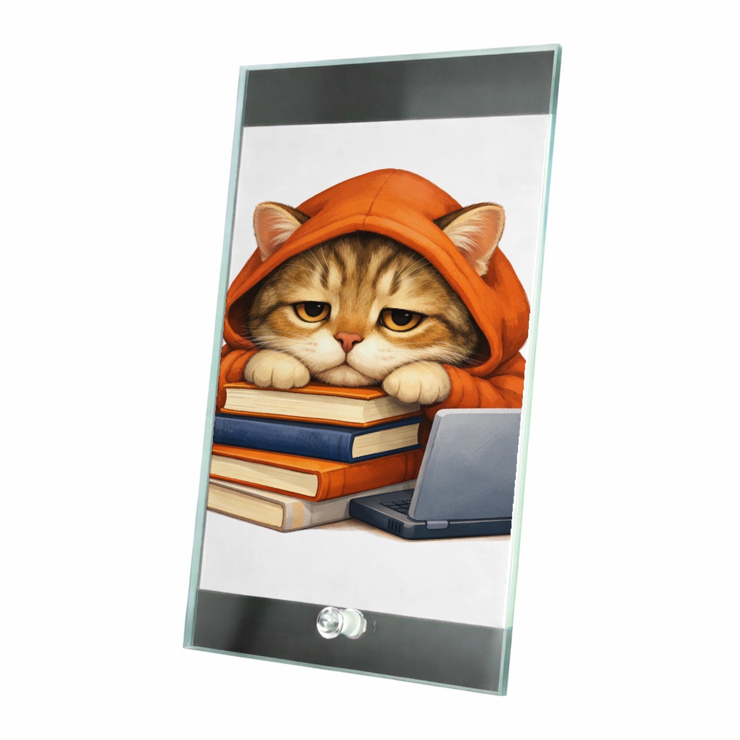 Mr Cadeautjes Glasframe 15 x 23 - design Een panda die achter een stapel boeken in een hoodie hangt m | cadeau Wit