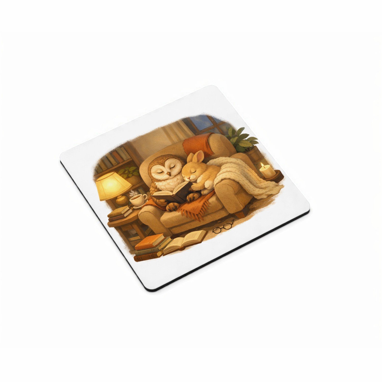 Mr Cadeautjes MDF magnetische fotolijst vierkant 9,5 - design Een stille leeshoek met een uil en een konijn op een comfort | cadeau Wit