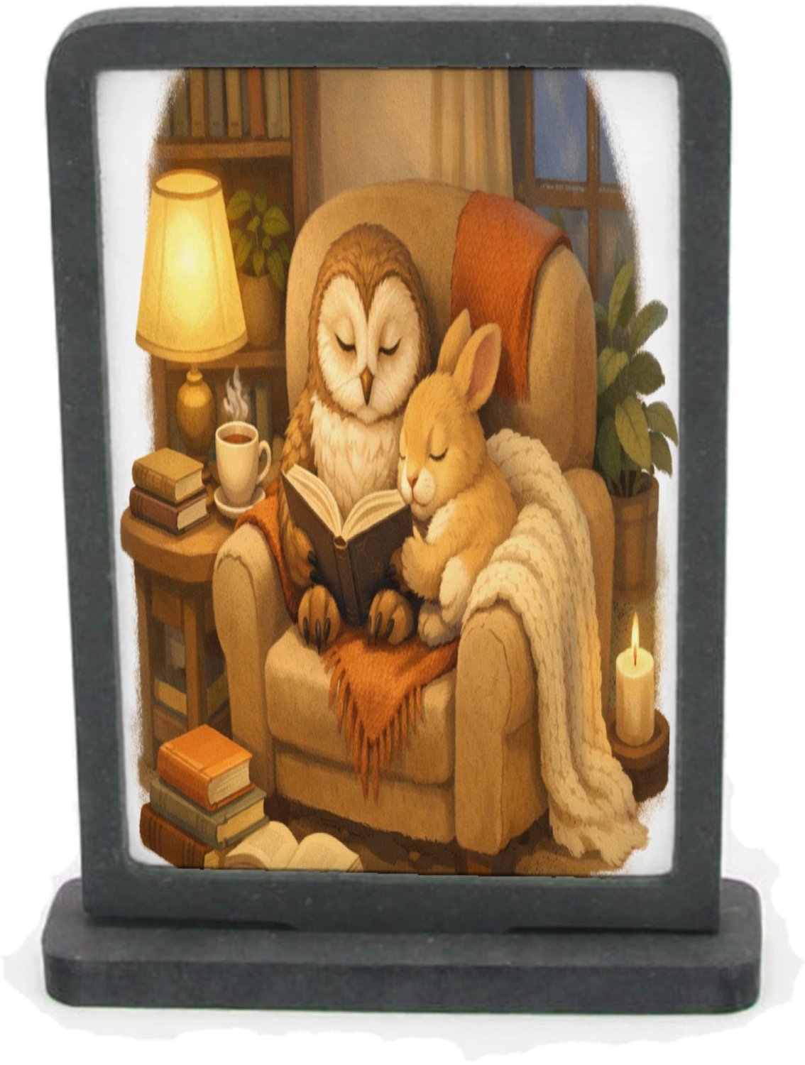 Mr Cadeautjes Houten fotolijst rechthoek met MDF inleg - design Een stille leeshoek met een uil en een konijn op een comfort | cadeau Wit