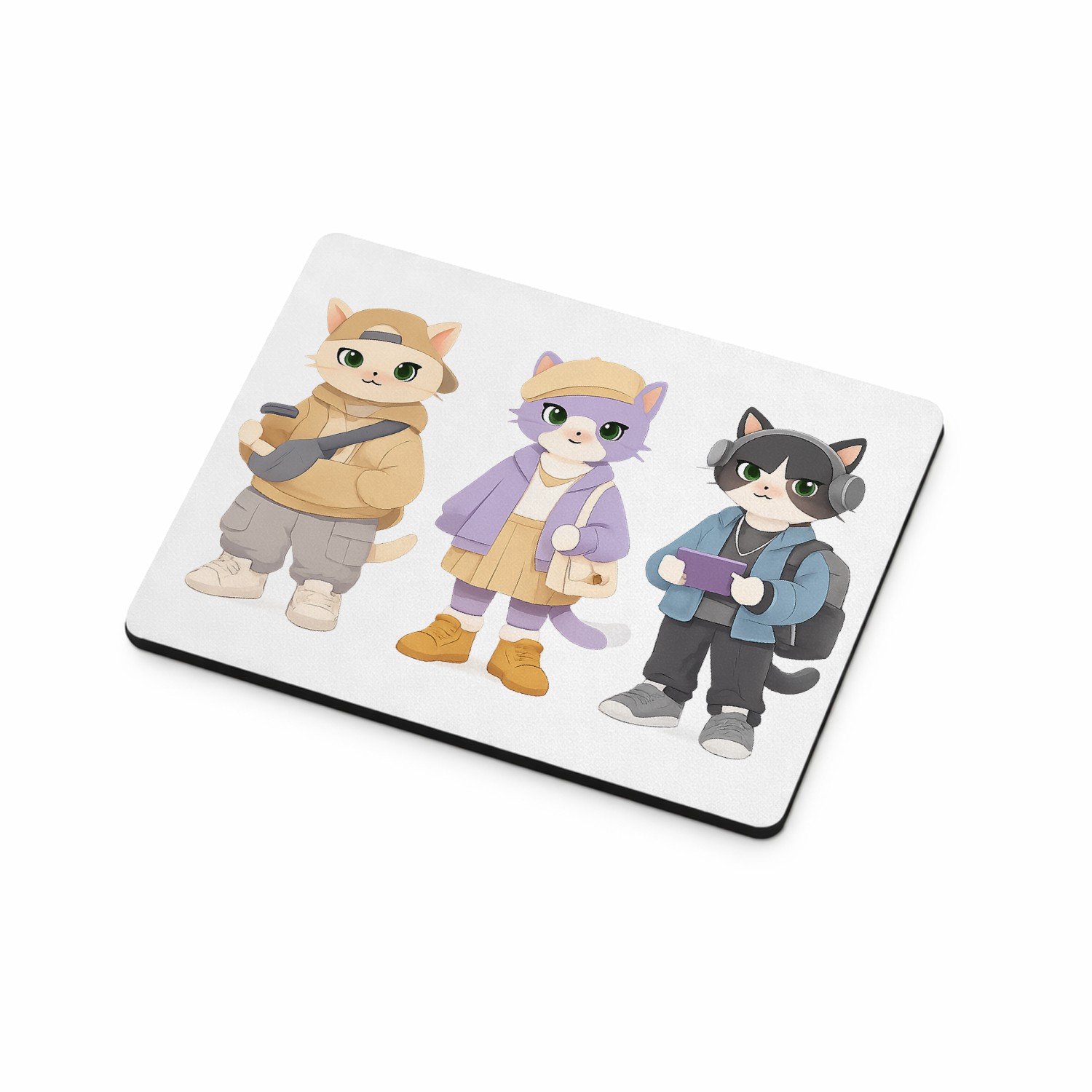 Mr Cadeautjes MDF magnetische fotolijst 9 x 7 - design Drie modieuze katten in pastel-outfits, elk met een andere h | cadeau Wit