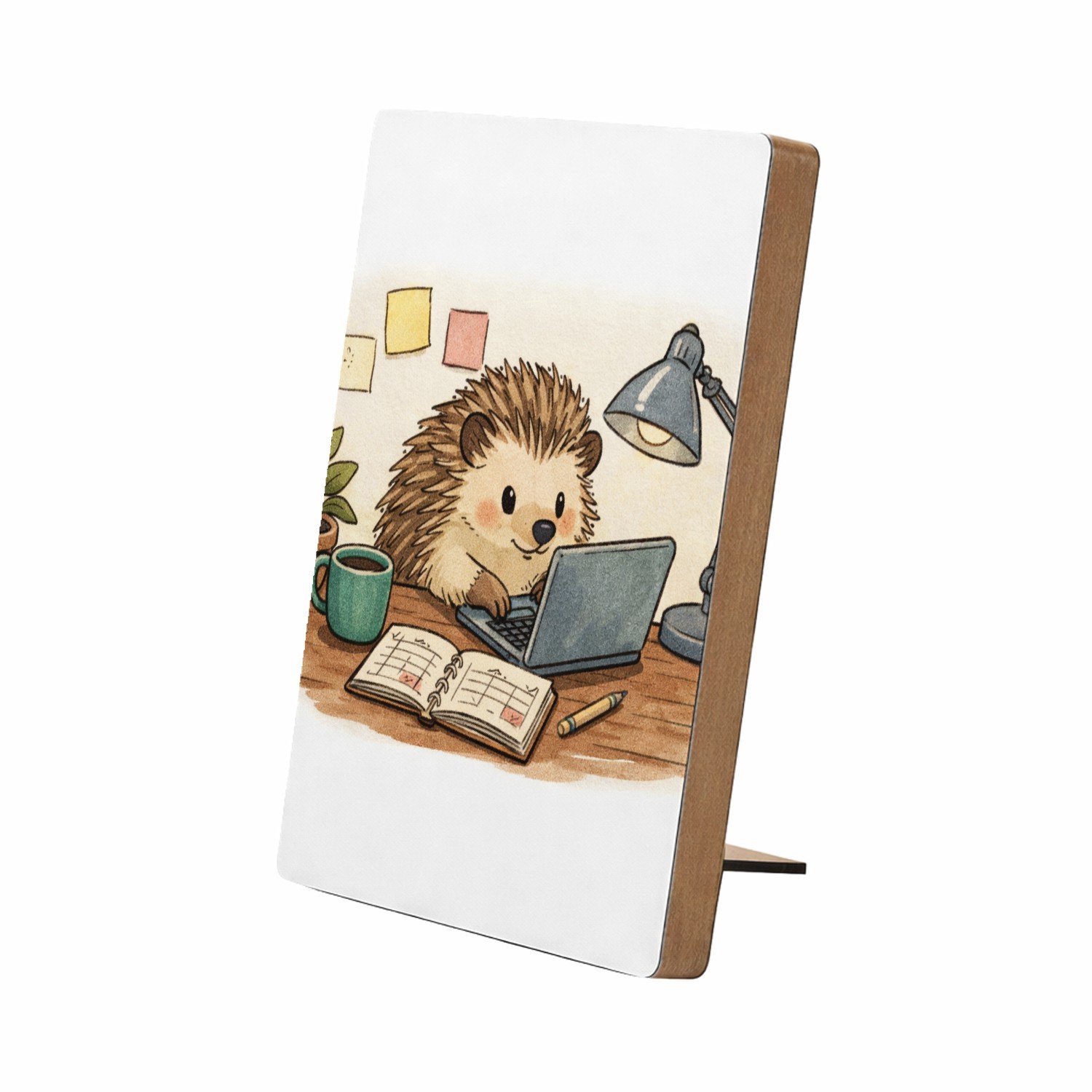 Mr Cadeautjes Glasframe/MDF 12,7 x 17,8 - design Een egel in een kleine thuiswerkhoek met post-its, planner e | cadeau Wit