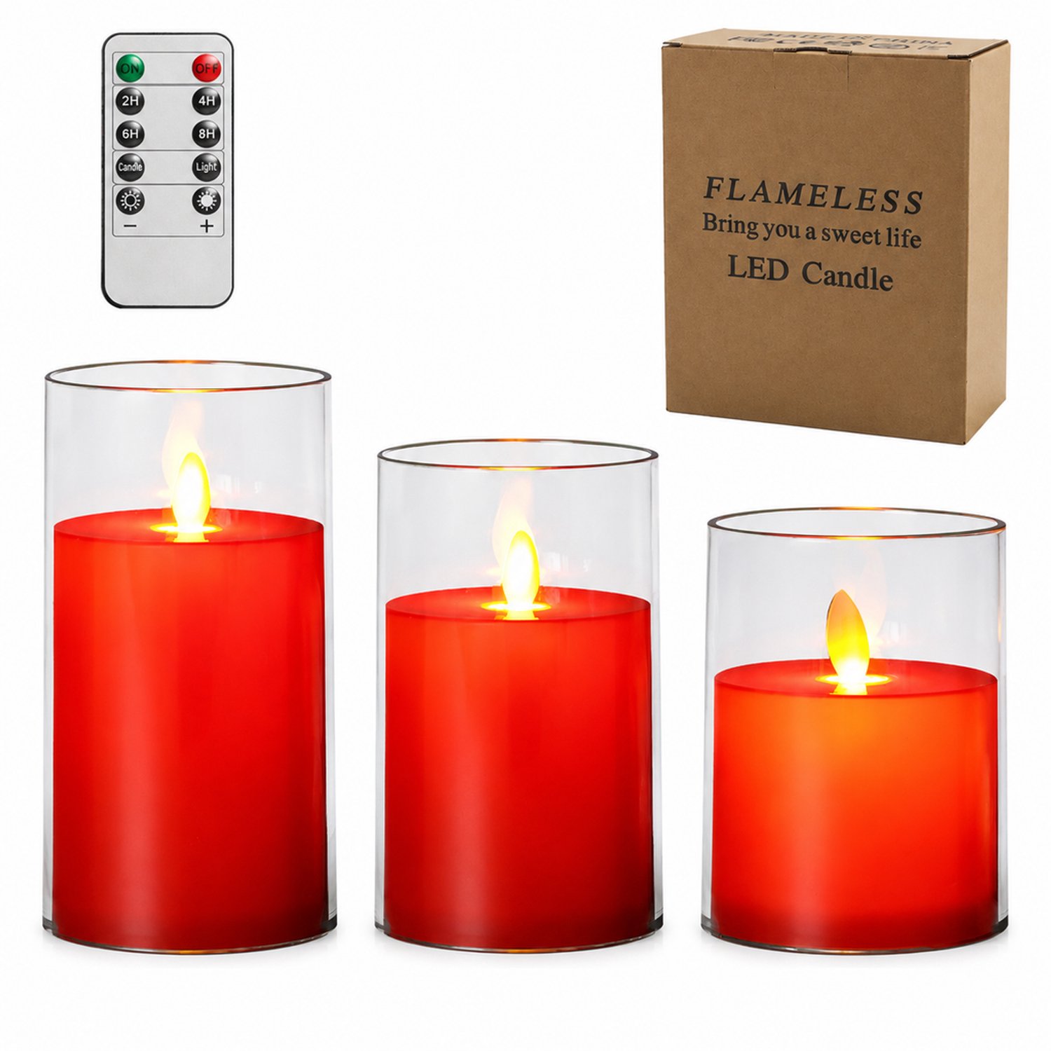 SWGOTA led kaarsen, set van 3, rood met transparante kap en bewegende vlam, afstandsbediening, Ø 7,5 cm, hoogte 10/12,5/15 cm, batterijen niet inbegrepen