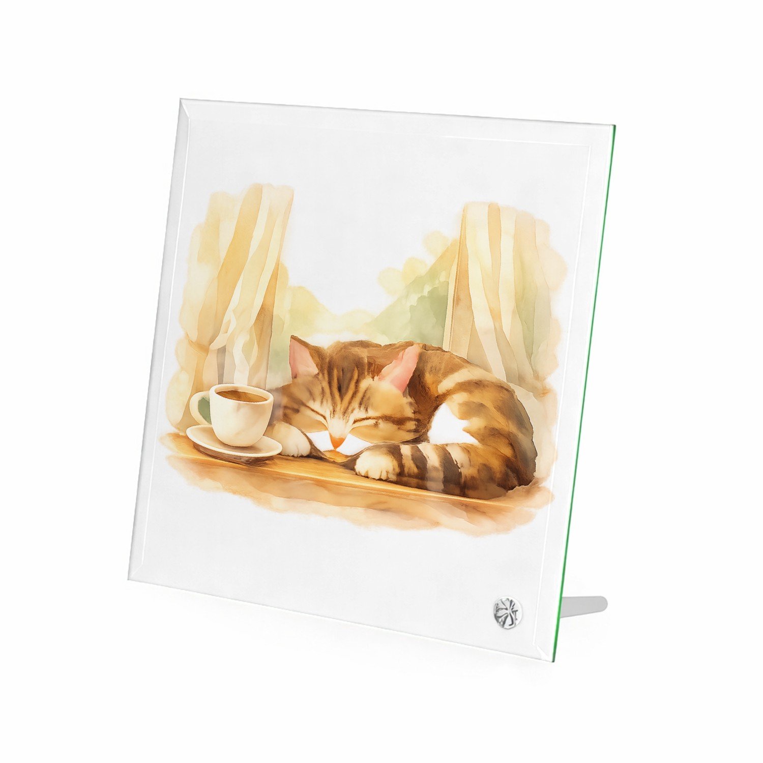 Mr Cadeautjes Glasframe 20 x 20 - design Een slapende kat op een vensterbank met een kopje thee en za | cadeau Wit