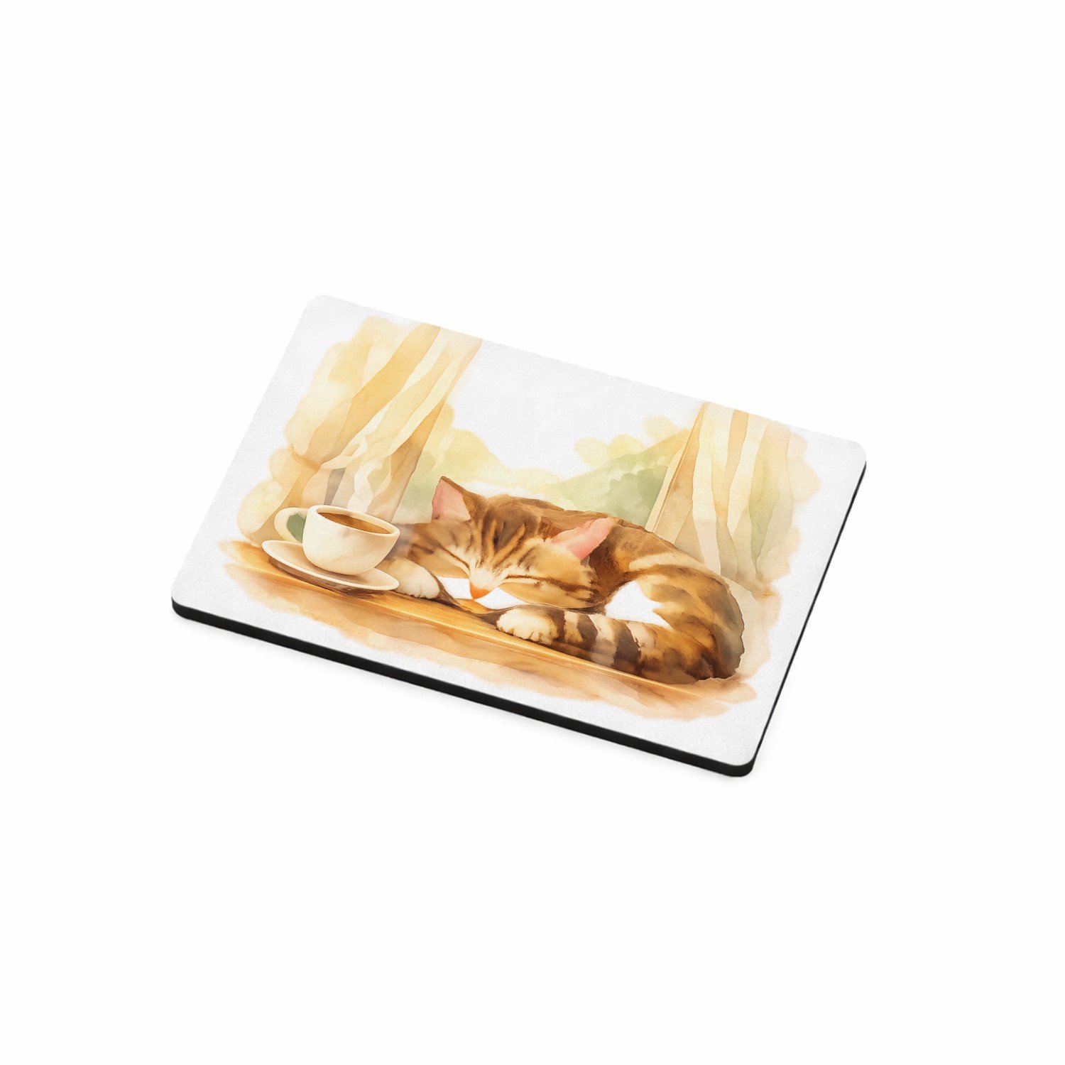 Mr Cadeautjes MDF magnetische fotolijst 7,5 x 5 - design Een slapende kat op een vensterbank met een kopje thee en za | cadeau Wit
