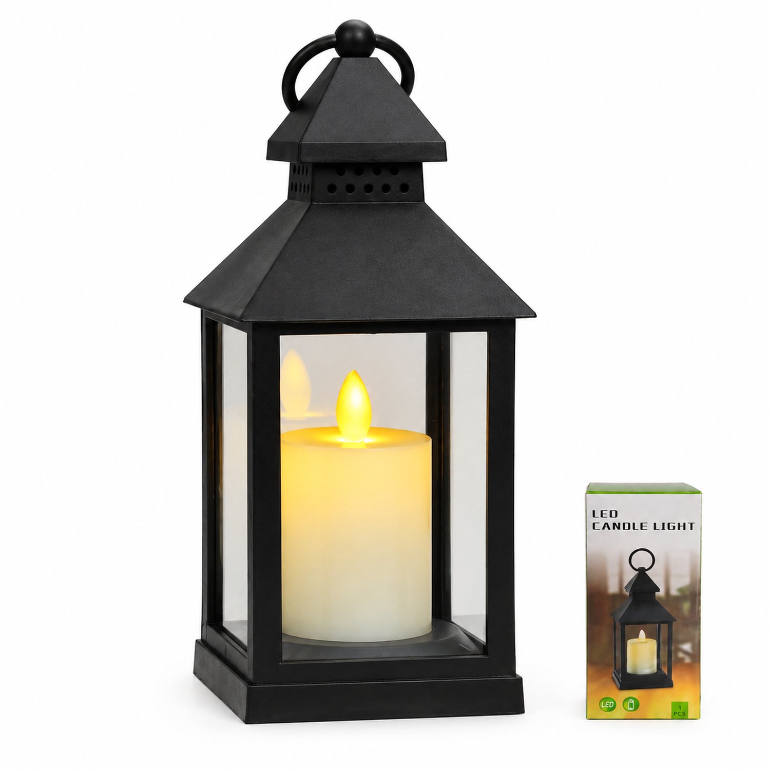 SWGOTA led kaarsen met bewegende vlam - zwarte lantaarn, 1 stuk, groot model, dubbele kap en draagring, 22 cm hoog en 9,5 cm breed, in doos