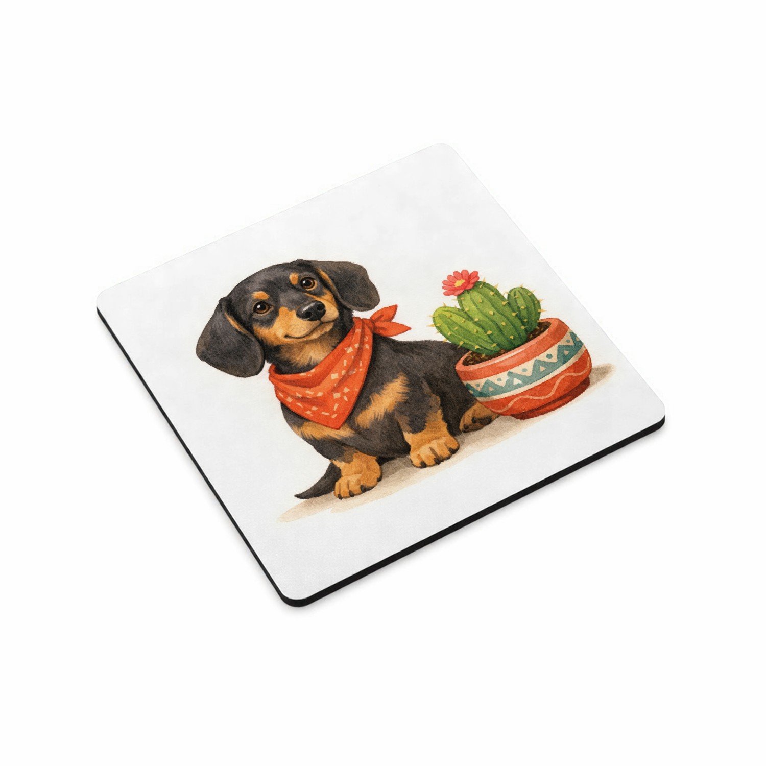 Mr Cadeautjes MDF magnetische fotolijst vierkant 9,5 - design Een eigenwijze teckel met een bandana, naast een kleine cact | cadeau Wit