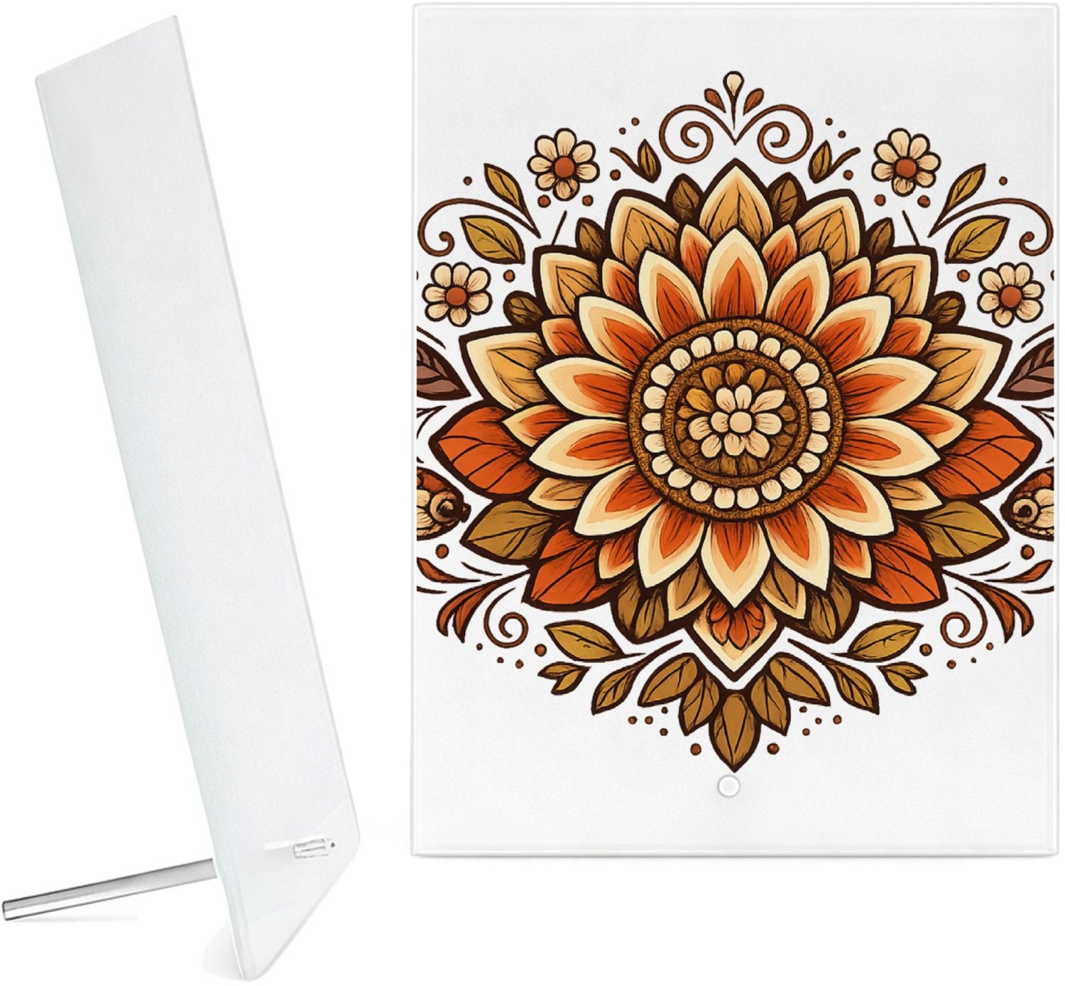 Mr Cadeautjes Glazen fotopaneel Een rustige, symmetrische zonnebloemmandala met zachte boogl - 15 x 20 cm, staand - glas, decoratie, wanddecoratie | cadeau Wit