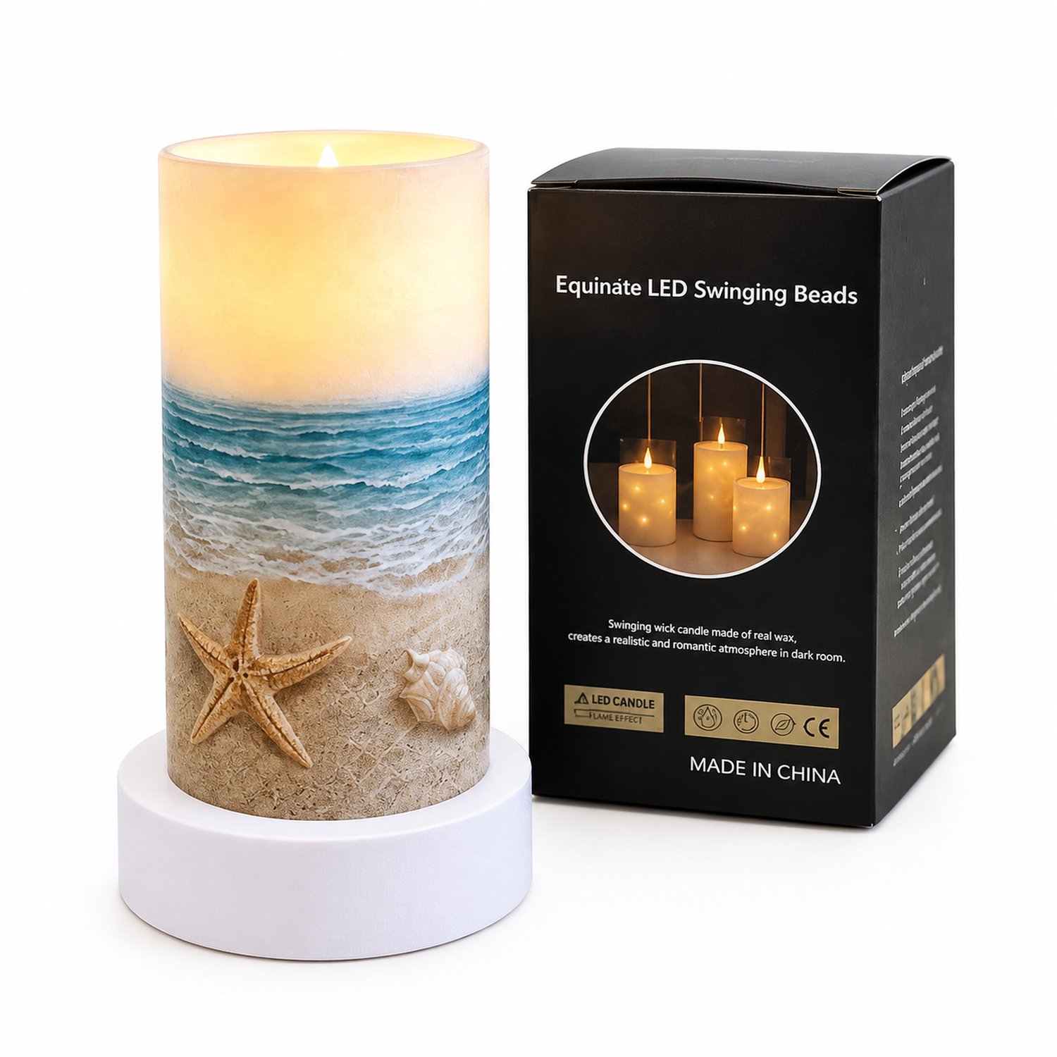 SWGOTA led kaarsen voor binnen: 1 kaars met zeestermotief, 7,5 x 15 cm, puntvormige vlam, warm licht, op batterijen, zonder batterijen Beige