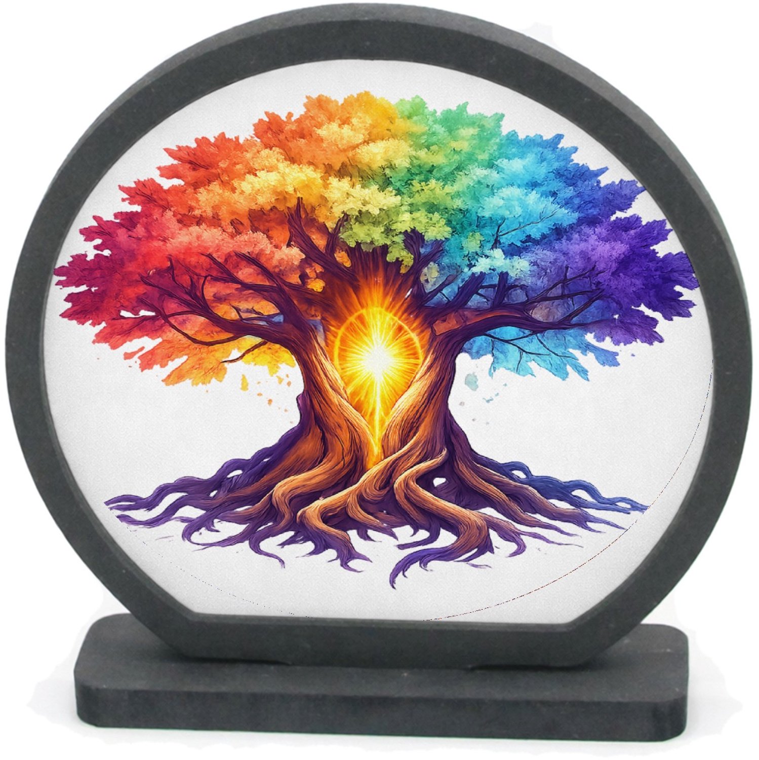 Mr Cadeautjes Houten fotolijst rond met MDF inleg - design Een magische berglandschap-bewerking met een centrale lichtb | cadeau Wit