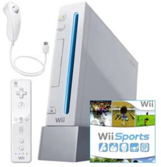 Witte Nintendo Wii-console met Wii-afstandsbediening, Nunchuk en Wii Sports-spel.