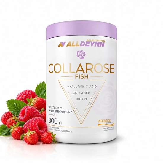 Pot COLLAROSE viscollageen met framboos- en aardbeiensmaak, 300g, bevat hyaluronzuur, collageen en biotine.