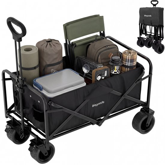 LifeGoods Bolderkar - Opvouwbaar - 80KG Draagkracht - 94L - Wasbaar - Stevige Wielen - Zwart