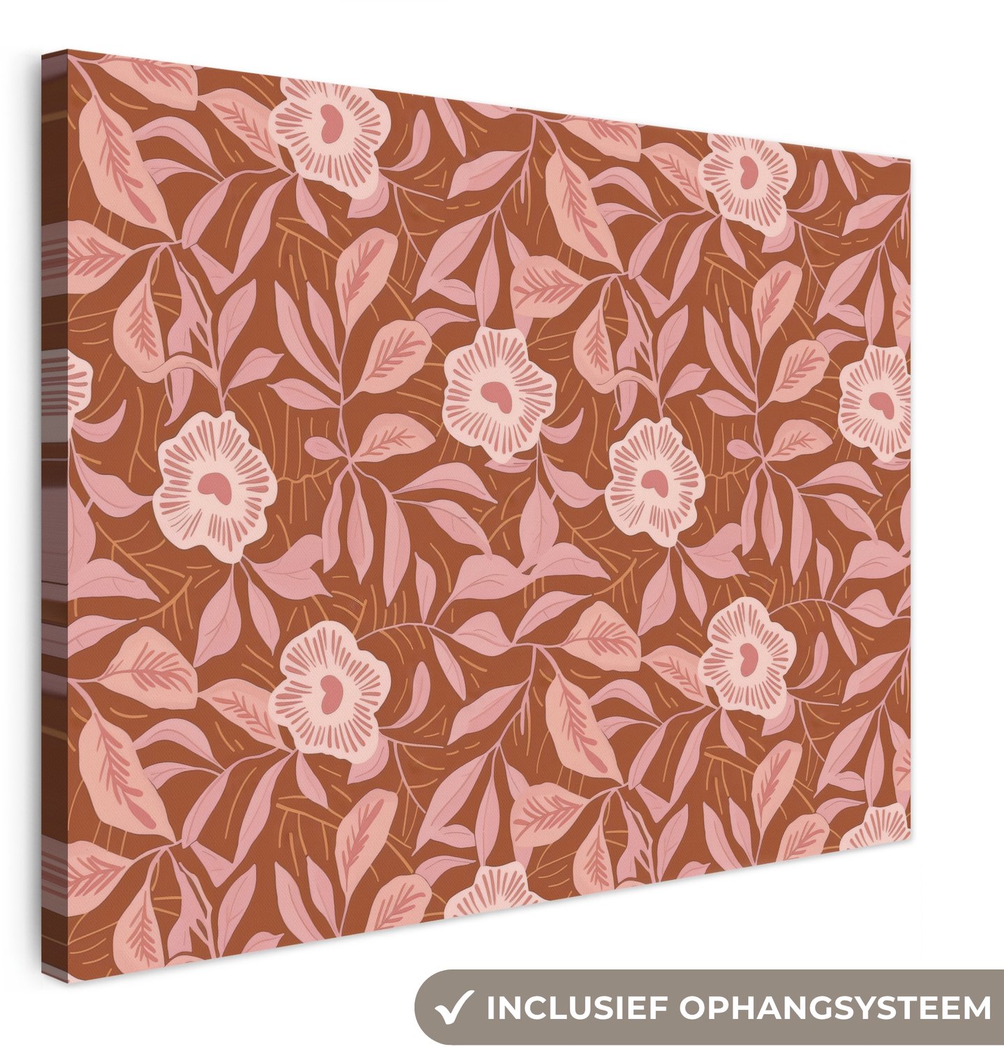 Canvas schilderij 80x60 cm - Exclusieve wanddecoratie Patroon - Bladeren - Terracotta - Muurdecoratie woonkamer - Slaapkamer decoratie - Kamer accessoires - Schilderijen op canvas
