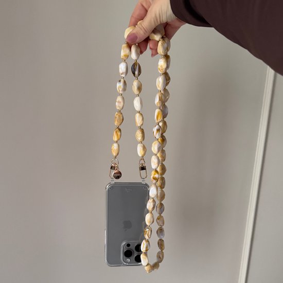xoxo Wildhearts telefoonkoord - Moonlight - Lang koord - Geschikt voor iPhone - Geschikt voor Samsung - Universeel - Phone cord - Telefoonketting - Koord voor telefoon - Telefoon hanger stenen ketting - Beige / Wit