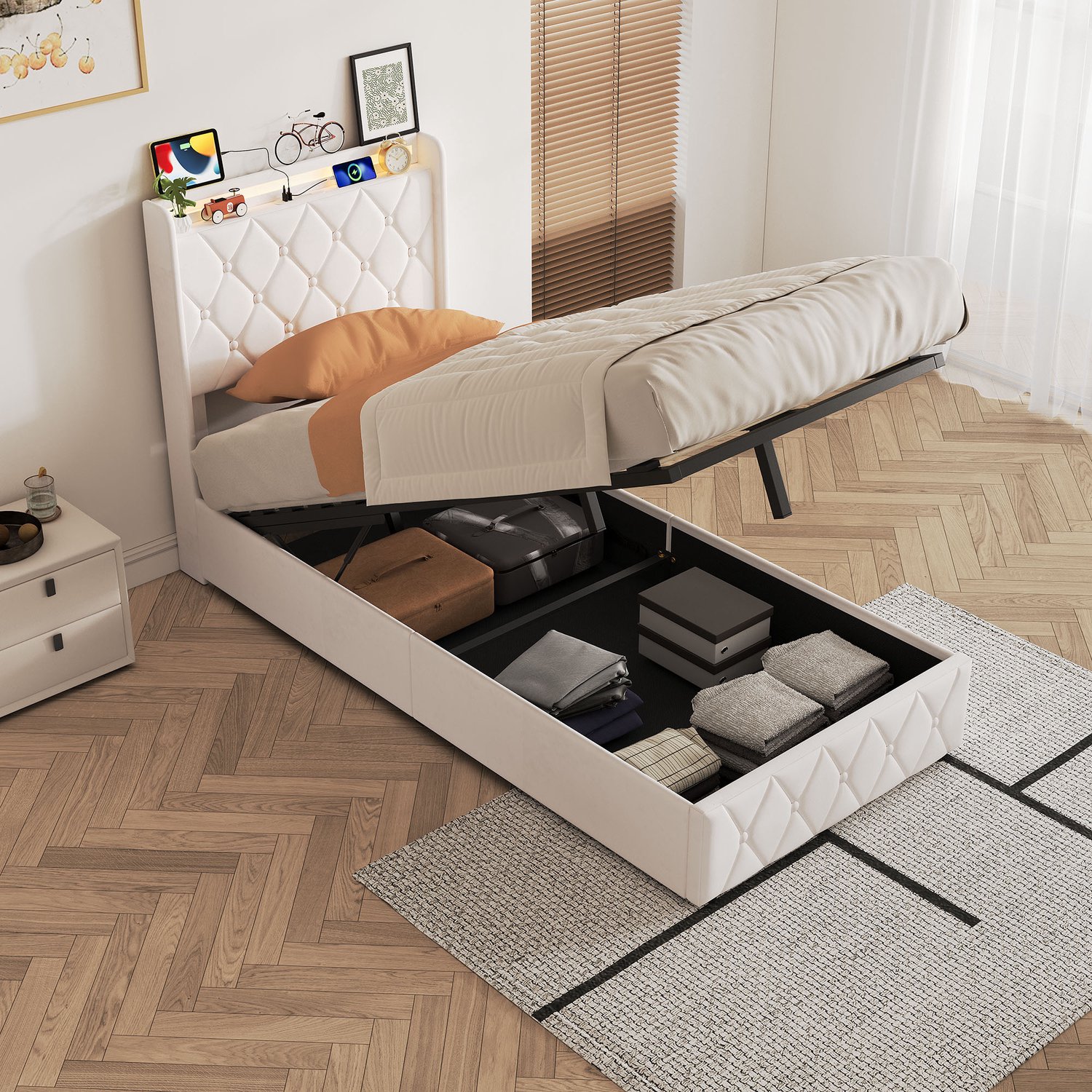 Mofor Gestoffeerd opbergbed 90x200 cm - eenpersoonsbed met RGB LED-verlichting - hoofdbord met opbergplank en USB-poorten - fluwelen bekleding - beige