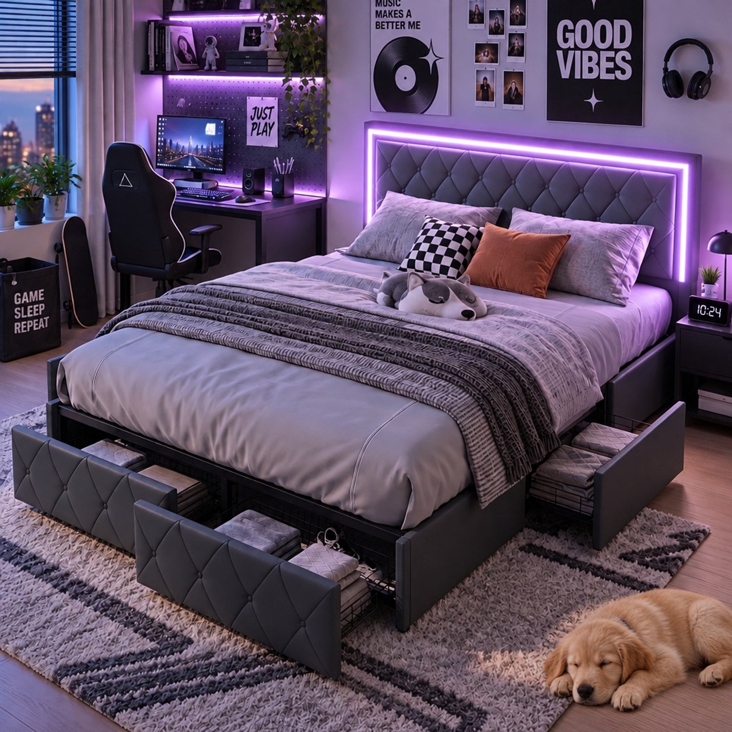 Mofor Gestoffeerd opbergbed 140x200 cm met 4 lades en lattenbodem - tweepersoonsbed met RGB LED-verlichting - kunstleren bekleding - grijs