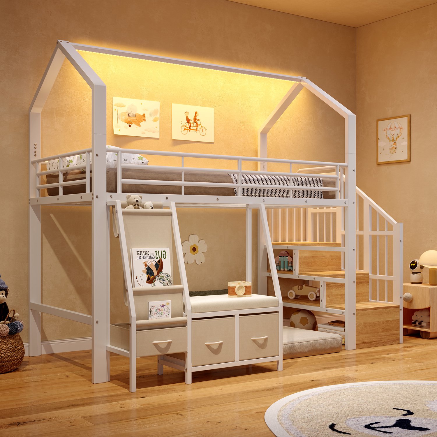 Zubaliya Hoogslaper, 90 x 200 cm, metalen bedframe, stoffen planken, lades en kasten bij het ladder, LED-lichtstrip, Zonder matras, Wit"""