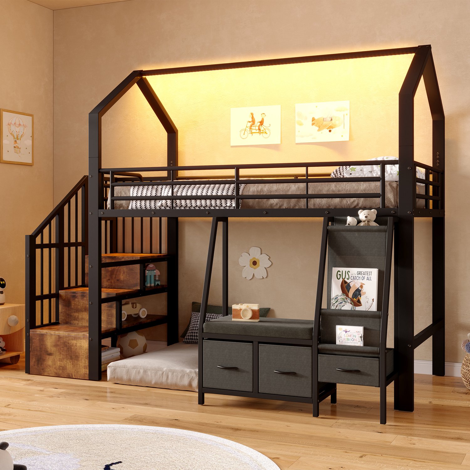 Zubaliya Hoogslaper, 90 x 200 cm, Metalen bedframe, Stoffen planken, Lades en Ladekastjes, LED-lichtstrip, Zonder matras, Zwart