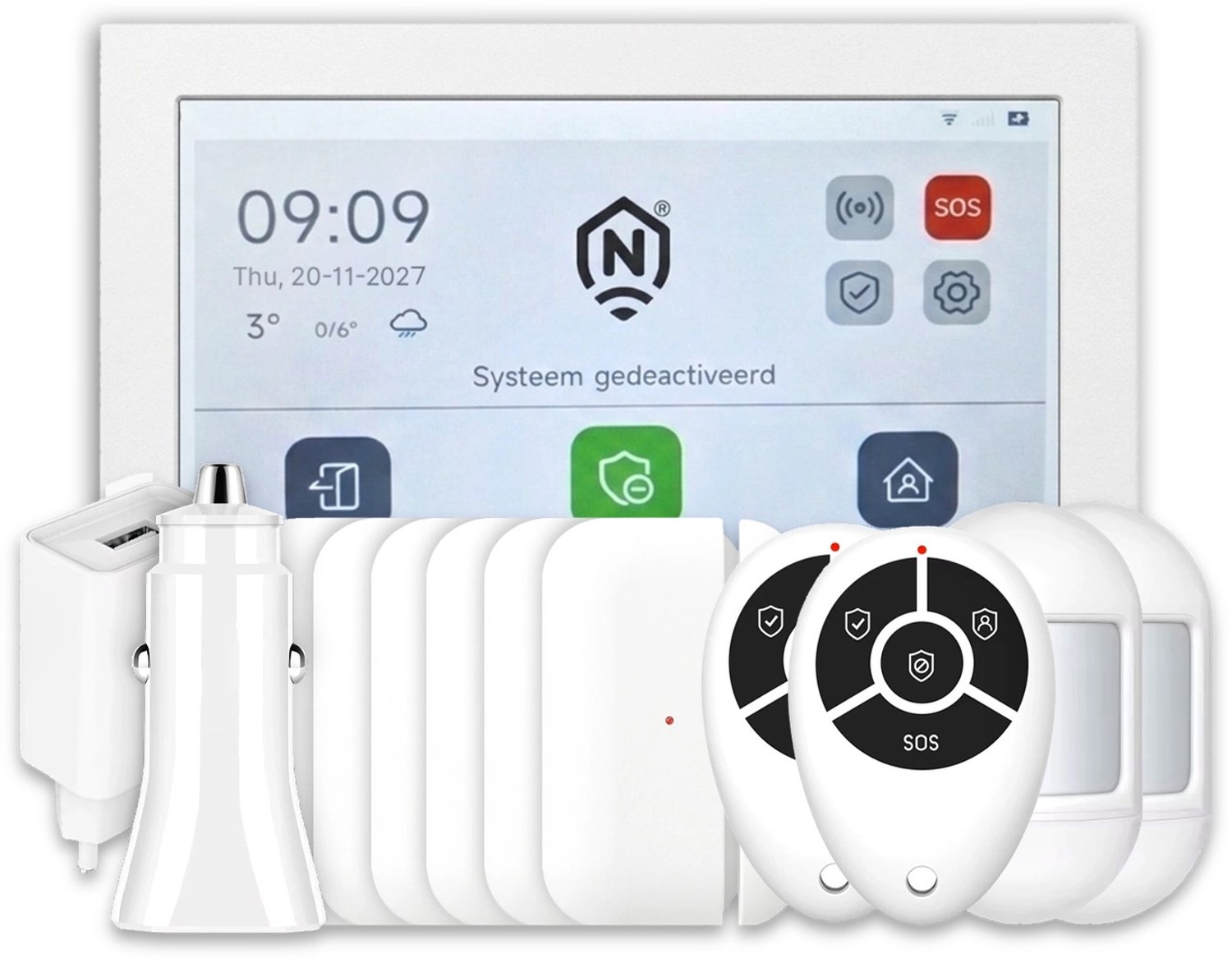 CamperGuard® Pro Alarmsysteem – Compleetset – Wit paneel – Witte accessoires – Camper/Caravan – Draadloos & Uitbreidbaar – Simkaart, SMS & Oproepmelding – Zonder Abonnement