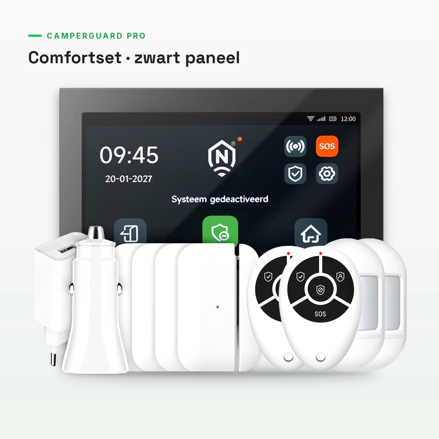 CamperGuard® Pro Alarmsysteem Comfortset – Zwart paneel – Camper/Caravan – Draadloos & Uitbreidbaar – Simkaart, SMS & Oproepmelding – Zonder Abonnement