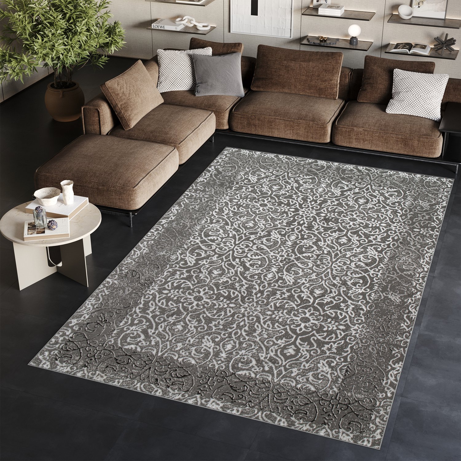 Tapiso Ares Vloerkleed Grijs Donker Laagpolig Woonkamer Frame Oriental Tapijt Maat- 160x220 Donkergrijs