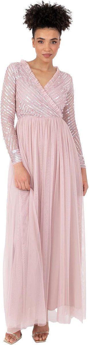 Maxi-jurk voor dames, verfraaide wikkeljurk, tule ruches V-hals, lange mouw voor bruiloft, gast, bruidsmeisje, gala, baljurk, mat roze, 14, Frosted Roze, 40