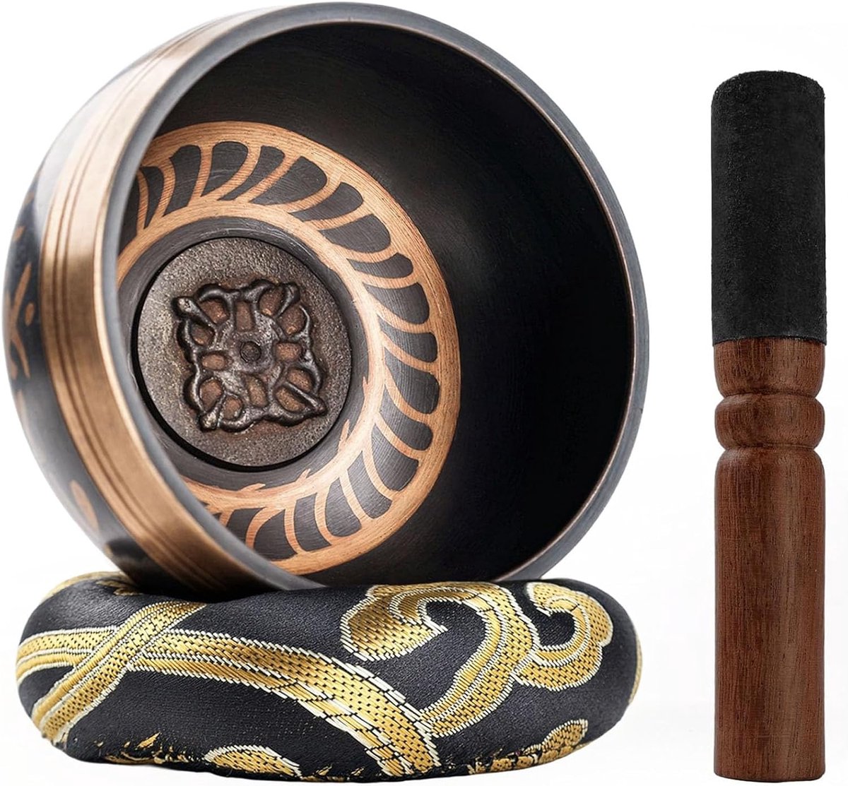 Klankschaal, klein, 9,5 cm - 230 g, klankschalenset bevat decoratieve kussens en klepel voor klankschaal. Singing Bowl uit Tibet voor ontspanning, angstreductie, yoga (wit)