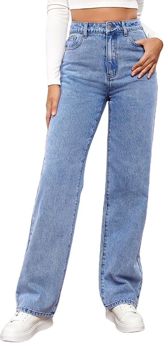 Jeans met hoge taille, rechte pasvorm, baggy jeans, wijde pijpen, afslankend, met alle broeken, herfst, winter, elastisch, klassiek, denim