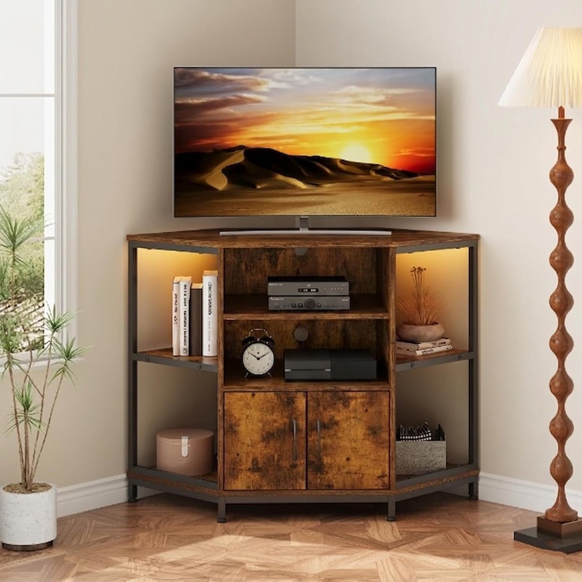 Industrohome TV Corner Cabinet met LED Verlichting, Industriële Hoekkast TV Tafel voor Woonkamer, Vintage Bruin, 105 x 50 x 79 cm