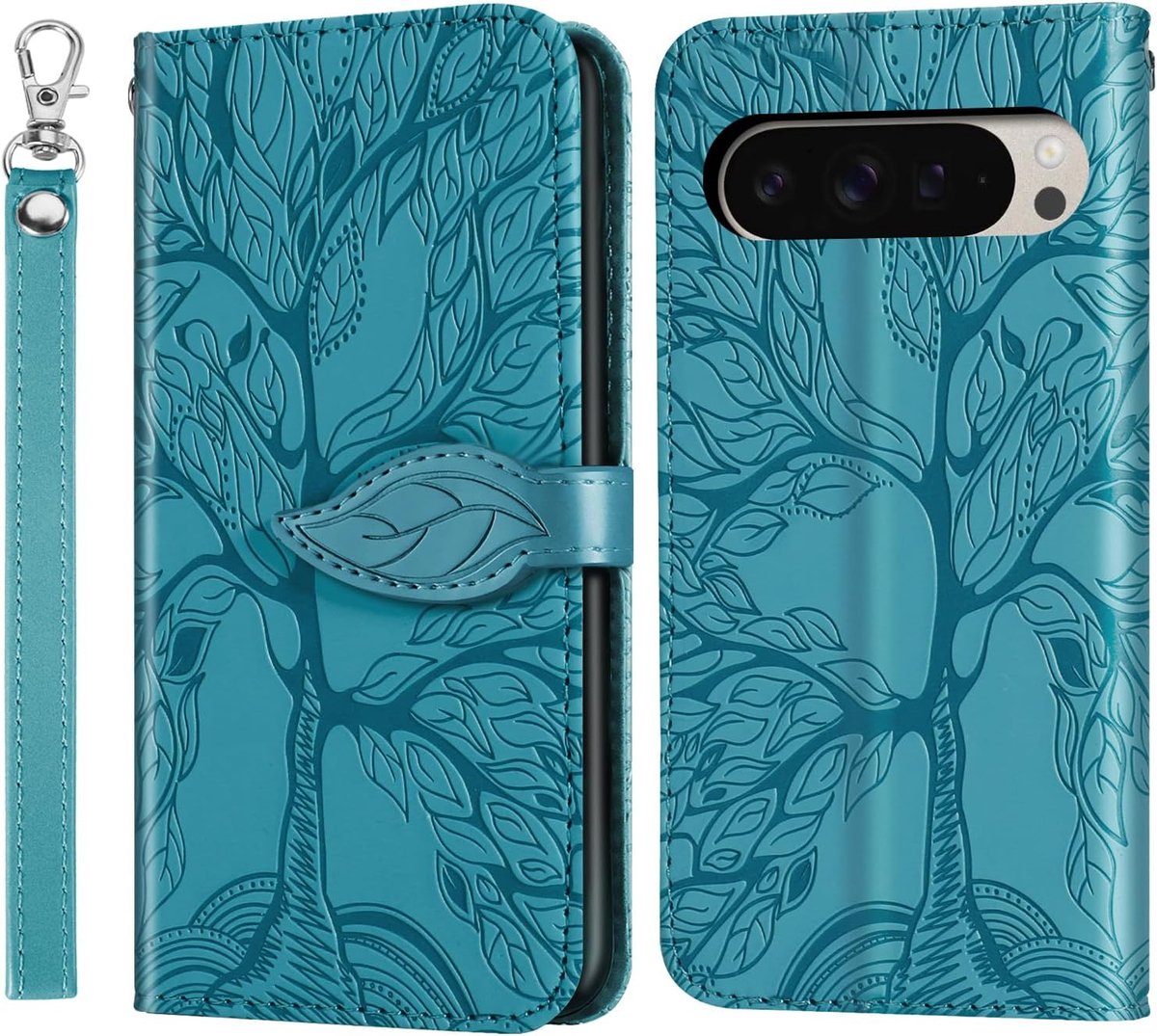 Telefoonhoesje voor Google Pixel 9 Pro XL, PU-leer, met magneetsluiting, boomreliëf, beschermend telefoonhoesje met kaartsleuven voor de Google Pixel 9 Pro XL, blauw