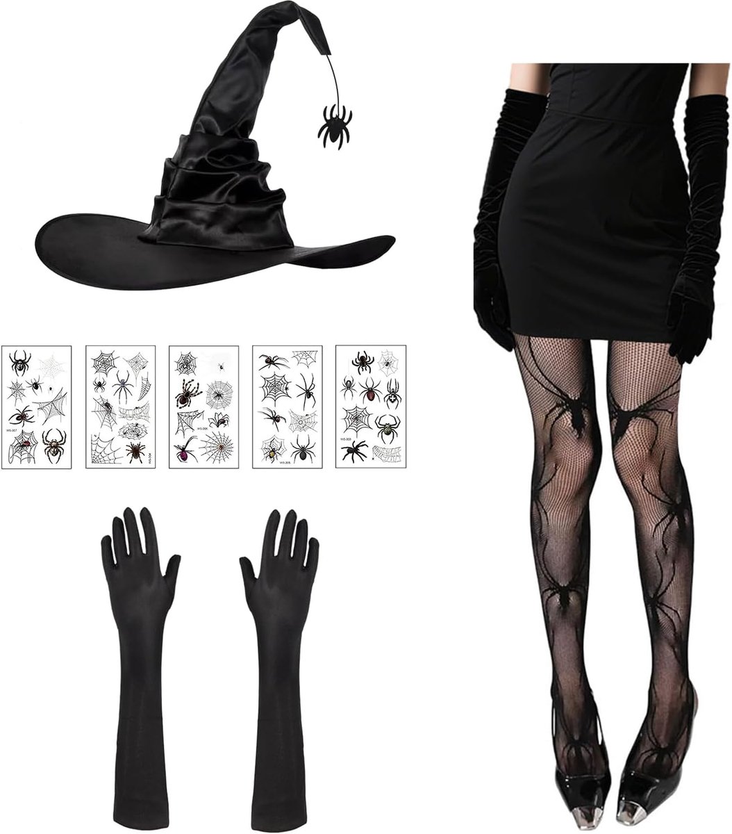 Heksenkostuum Dames-Zwarte Heksenhoed met Spinnenhanger,Lange Handschoenen&Spinnen-Tatoeage&Panty-Set,Heksenhoed voor Dames Heksenkostuumaccessoires voor Carnaval,Feestjes Theater