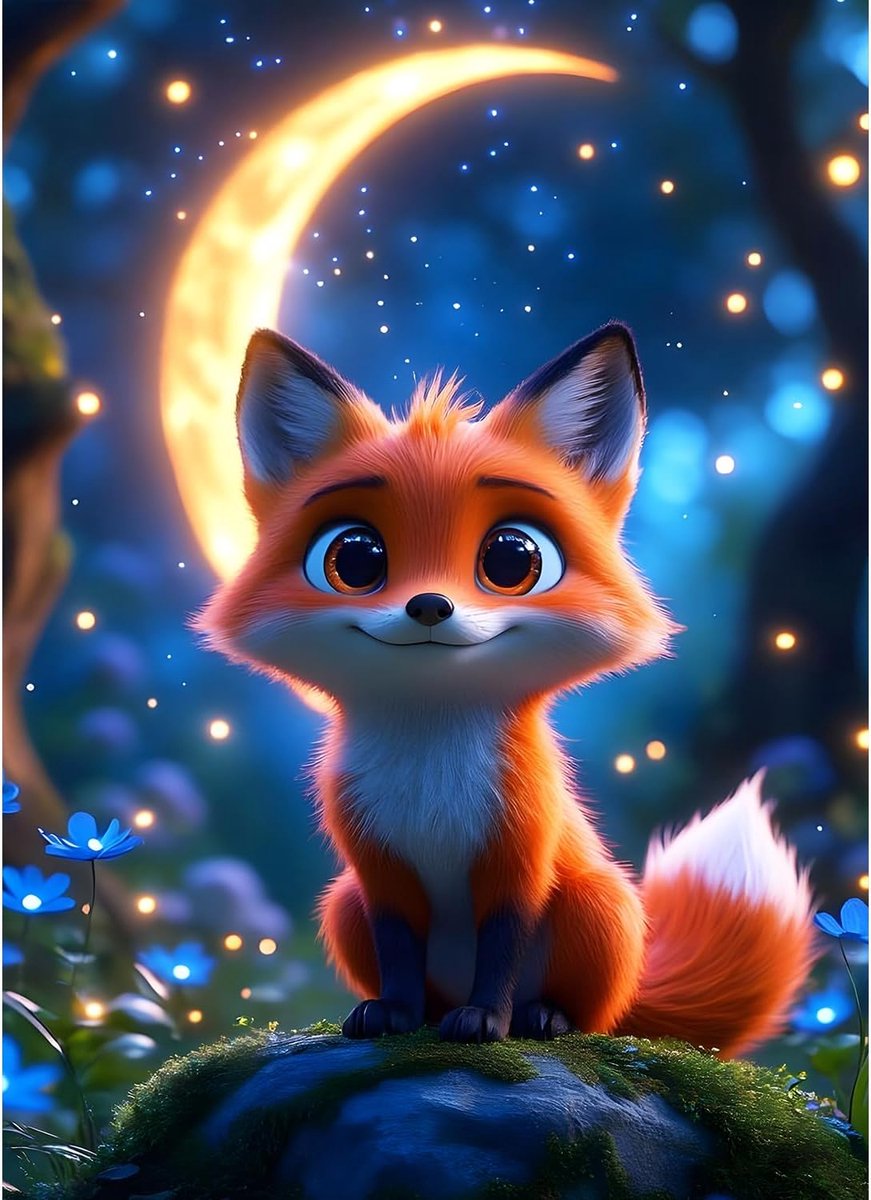 Smiling Fox Diamond Painting Kits, 5D Luxury Diamond Painting for Adults Beginners Crescent Moon Diamond Embroidery DIY Full Drill Fantasy Forest Diamonds Art Home Wall Decoration 30x40 cm