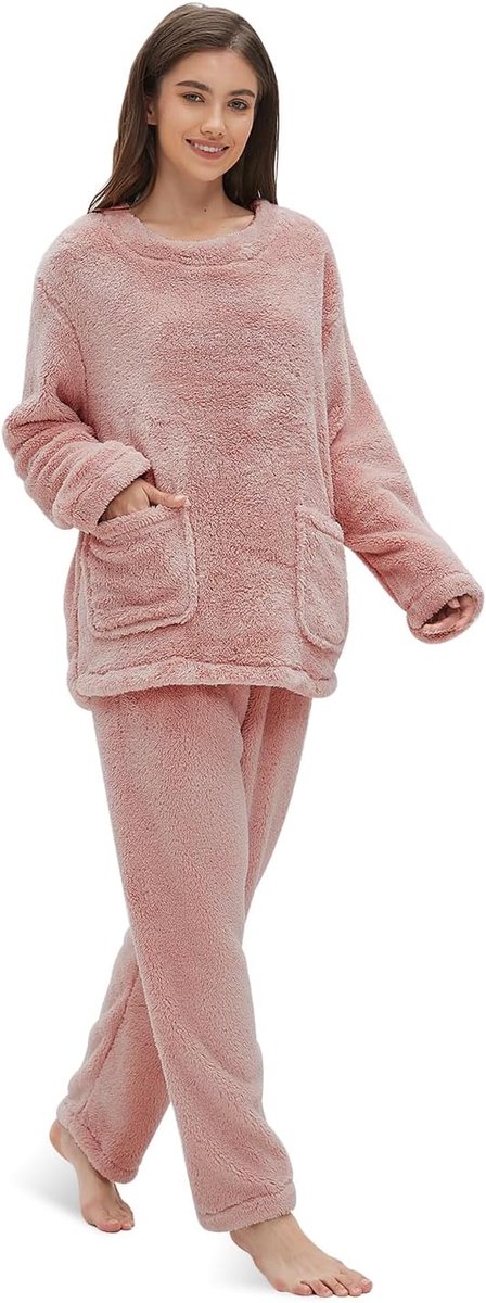 Koraalfleece Pyjamaset Voor Dames - Nachtkleding, Huiskleding, Bovendeel Met Lange Mouwen en Warme Broek, Pyjama Met Zakken, Maat S-2XL
