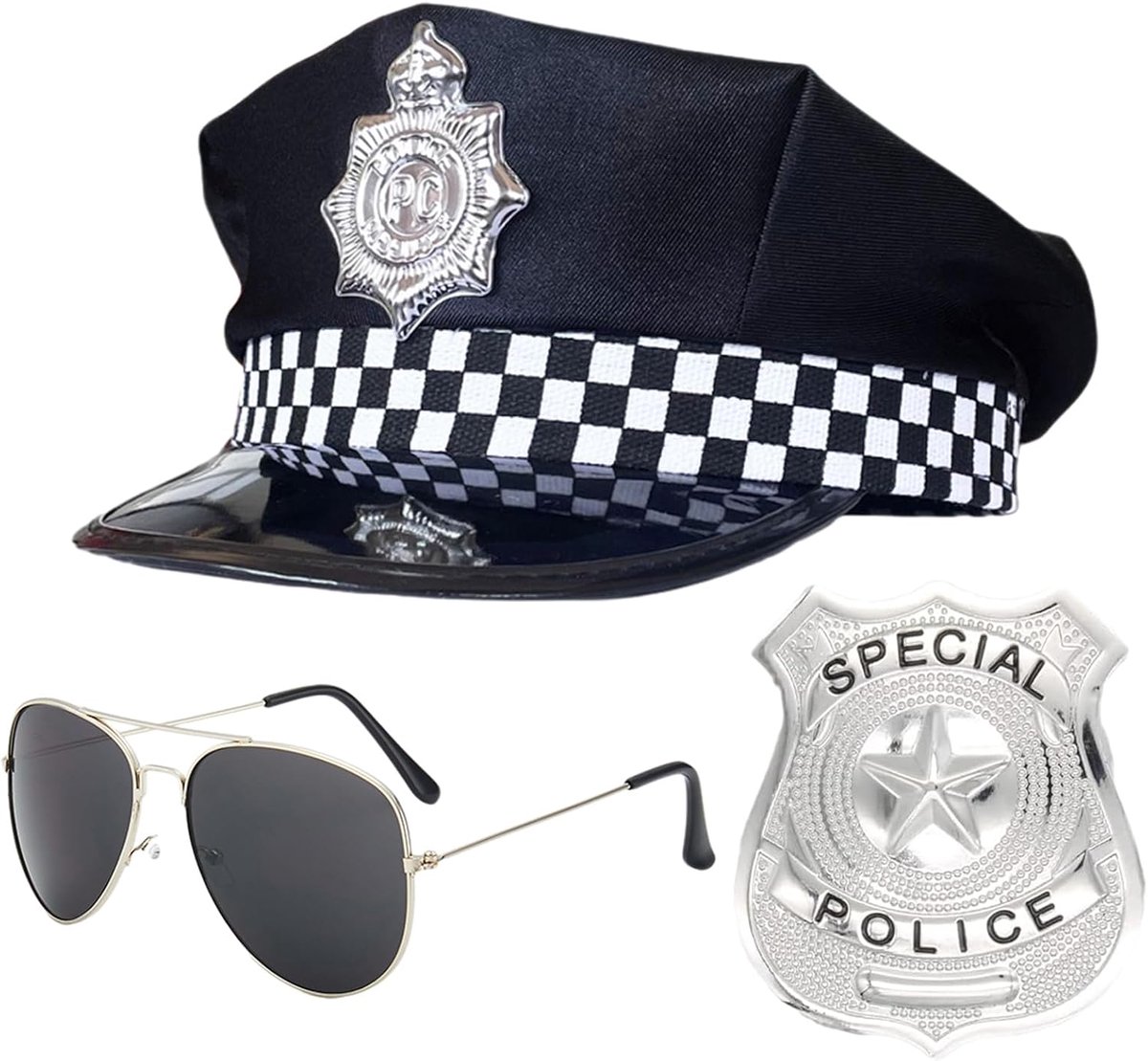 Politie verkleedset voor politie, politiekostuum, politie, fantasiespel, accessoires met politiehoed, zonnebril, hondenpenning voor volwassenen, cosplay, verkleedpartij, Halloween, themafeest,