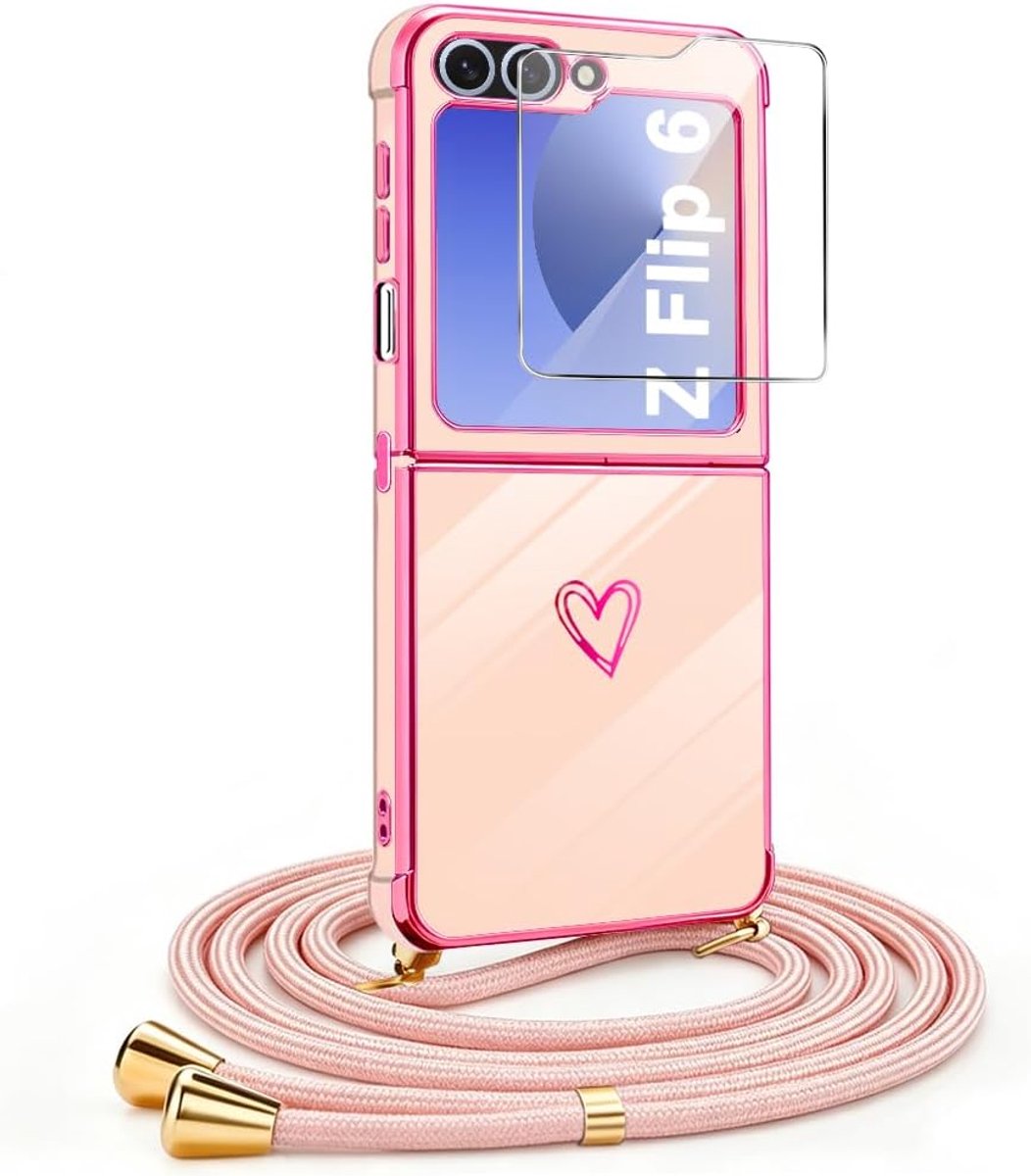 Telefoonhoesje met koord voor Samsung Galaxy Z Flip 6/7 FE, stootvaste TPU-hoes met gouden galvanische rand, hartdesign motief, set met hoes-displaybeschermfolie en verstelbaar koord, roze