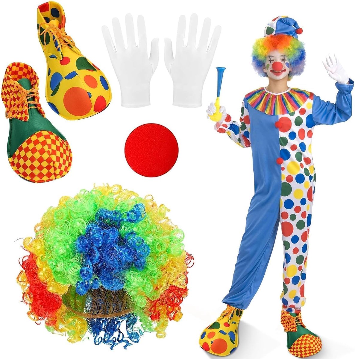 Clownkostuumset van 4 stuks voor volwassenen, clownskostuumaccessoires, krullende pruik, clownsschoenen, rode clownsneus, witte handschoenen, voor Halloween, Mardi Gras, circusrekwisieten, carnavalsco