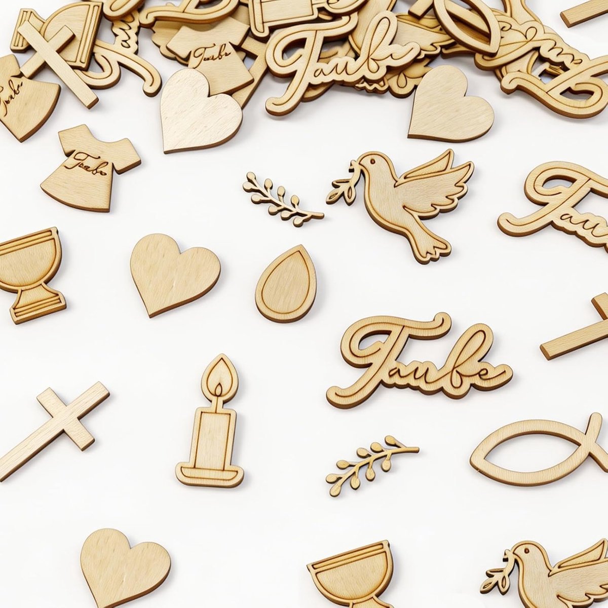 Strooidecoratie, hout, 100 stuks, tafeldecoratie, doop met vis, duif, kaars, kelk, kruis, hart, bladeren, waterdruppels & doop, opschrift, voor meisjes en jongens, communie, vormsel