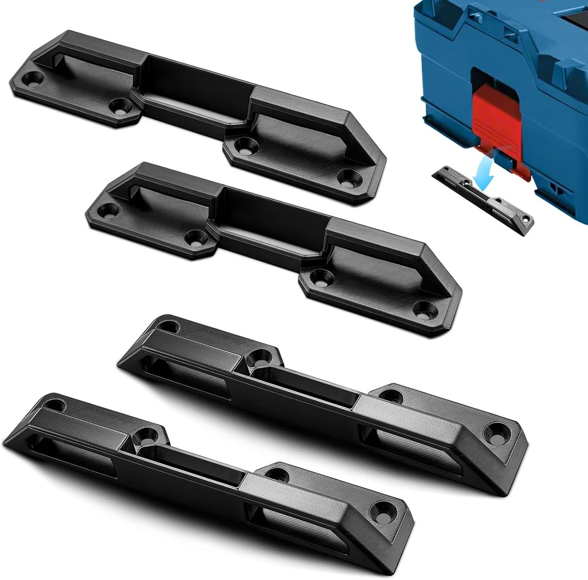 4x bevestigingsbeugels voor gereedschapskisten, geschikt compatibel met Bosch Sortimo L-BOXX, montage met schroeven, stabiele beveiliging voor transport in de auto, werkplaats en gereedschapswagens
