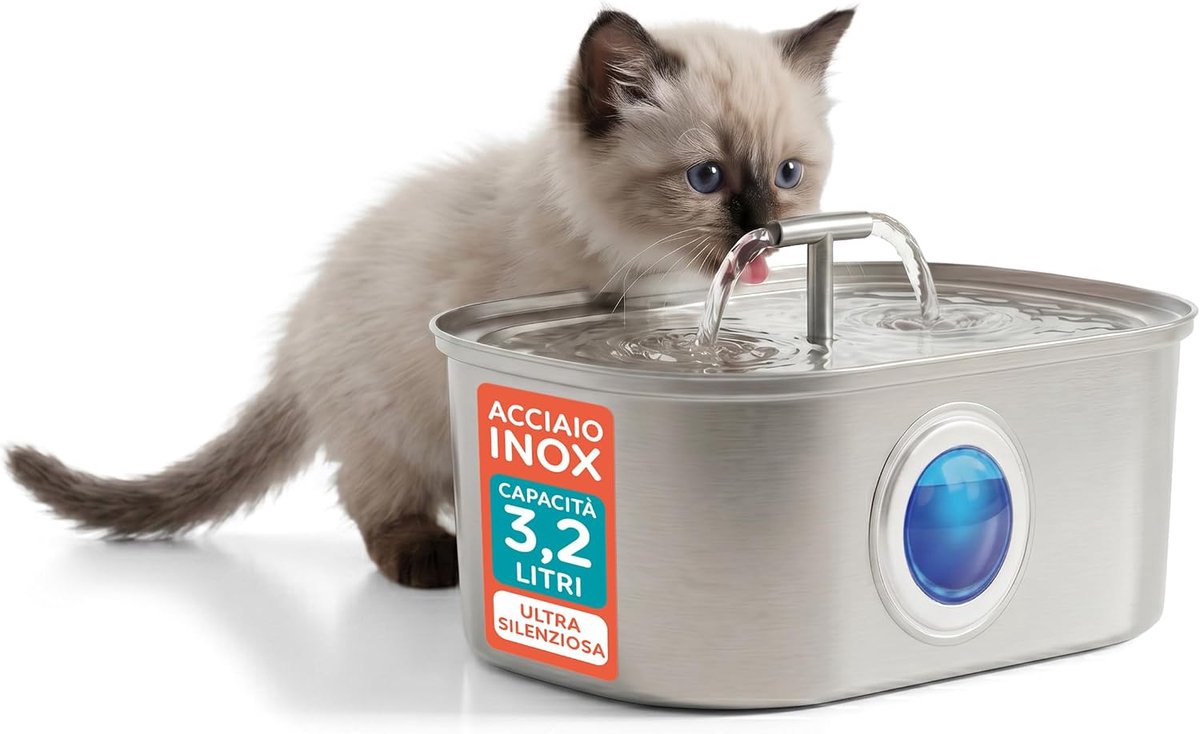 Friends Kattenfontein van roestvrij staal, 3,2 l, automatische waterdispenser, ultra stil, met meerlaags filter, drinkfontein voor katten en honden, altijd schoon water