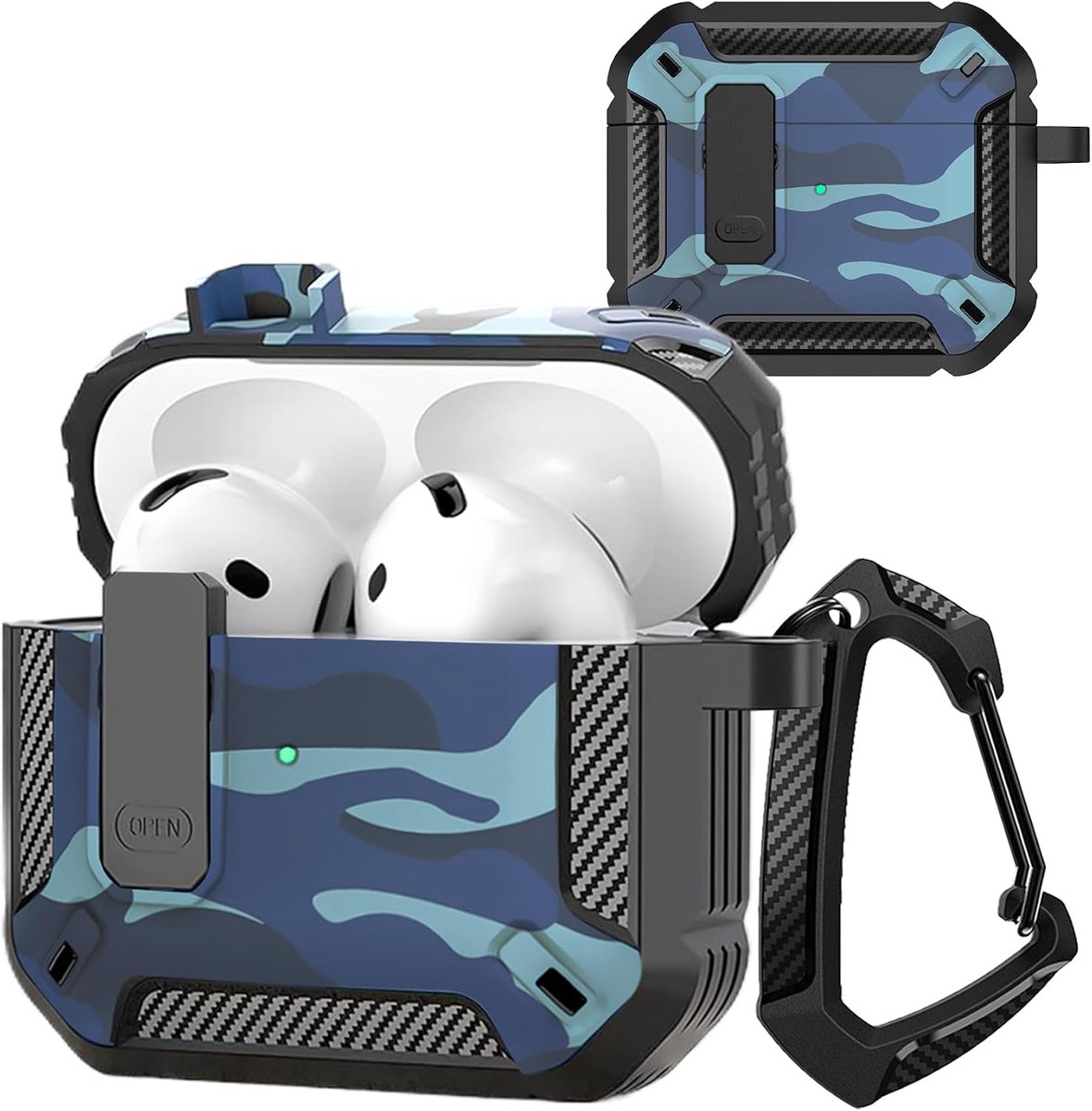 Hoesje voor AirPods 4 2024 met slot, camouflage-ontwerp met sleutelhanger, militaire volledige valbescherming, schokbestendig, hard PC voor heren, hoes voor AirPods 4e generatie. Blauw