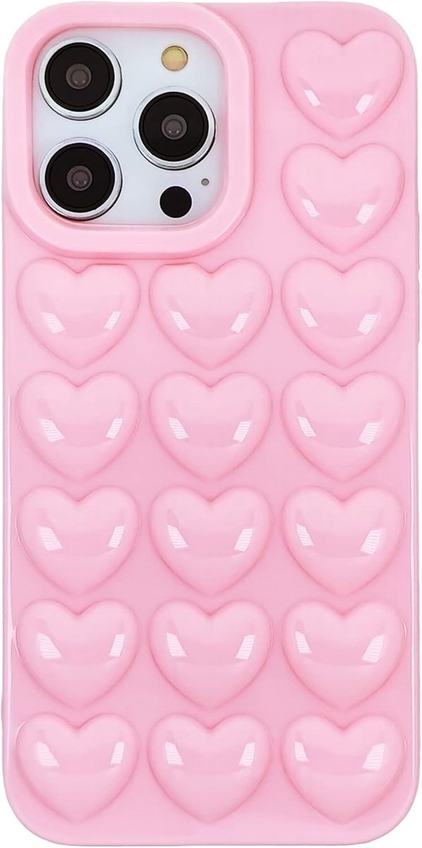 dameshoesje voor de iPhone 15 Pro Max, 3D-Pop bubbelhart-patroon, kawaii-gel hoesje, leuk meisjesachtig hoesje voor de iPhone 15 Pro Max van 6,7 inch, roze