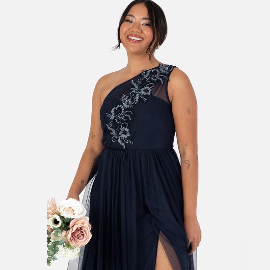 Deluxe Damesjurk, maxi-jurk, mouwloos, schoudervrij, pailletten, tule, split, A-lijn, voor bruiloft, bal, jurk voor dames, marineblauw, 48 — afbeelding 2