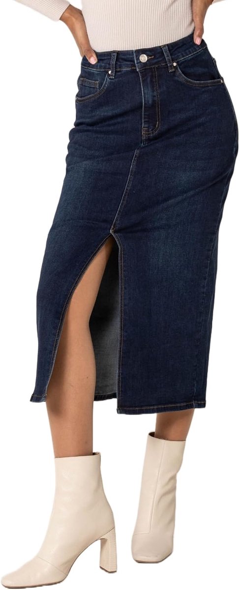 Carter P215 Damesrok met hoge taille, kuitlange jeansrok met voorsplit, lange rok, ritssluiting, stretch, used look