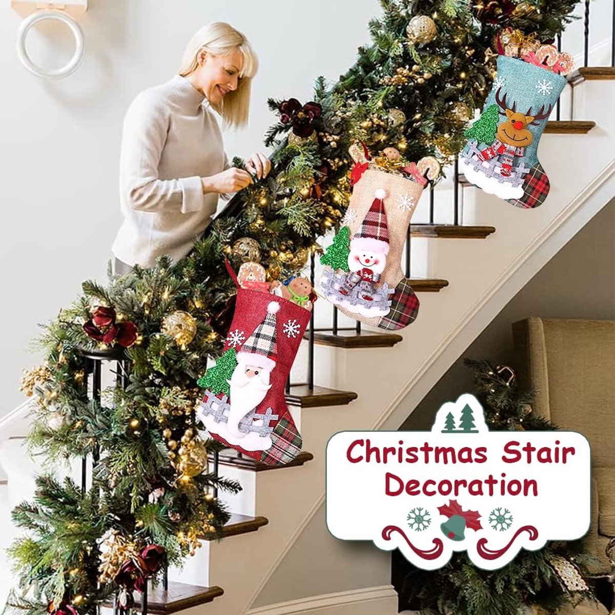 Kerstsokken voor kinderen, 3-delige set, kleine jute kerstkousen, open haard, kerstsokken, gepersonaliseerd, kerstdecoratie, kerstlaarzen om te vullen en op te hangen, kerstsokken voor kerstdecoratie