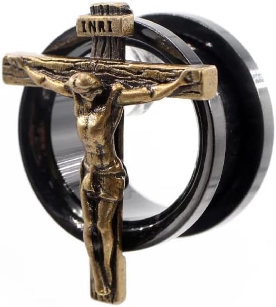 316L roestvrij stalen plug flesh tunnel inlay piercing Jezus kruis kruisfix INRI biker dames heren, roestvrij staal