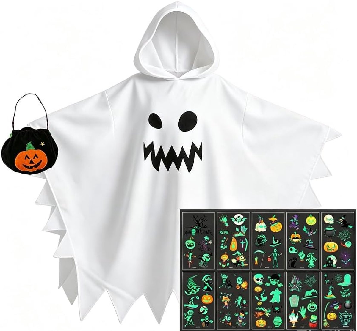 Halloweenkostuum voor kinderen, set, geestcape, gloeiende tattoo, pompoenzak, spook, spookkostuum voor jongens en meisjes, wit