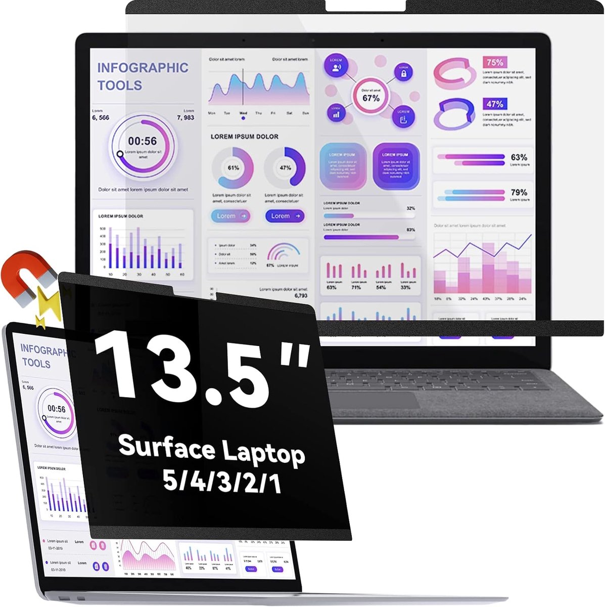 privacyfilter compatibel met 13,5 inch Surface Laptop 5/4/3/2/1, afneembaar, anti-verblinding, blauw licht, laptop, privacyscherm, privacyfolie, privacybescherming, zwarte beveiliging