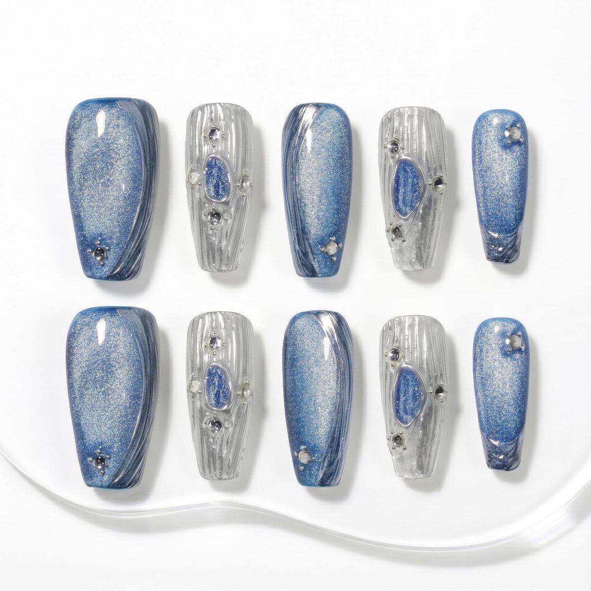 Nails Handmade Press-on Medium Long Coffin Nails Silver White Blue False Nail Tips Design Baroque Style Fashionable 10 Pcs Set (#154 L)