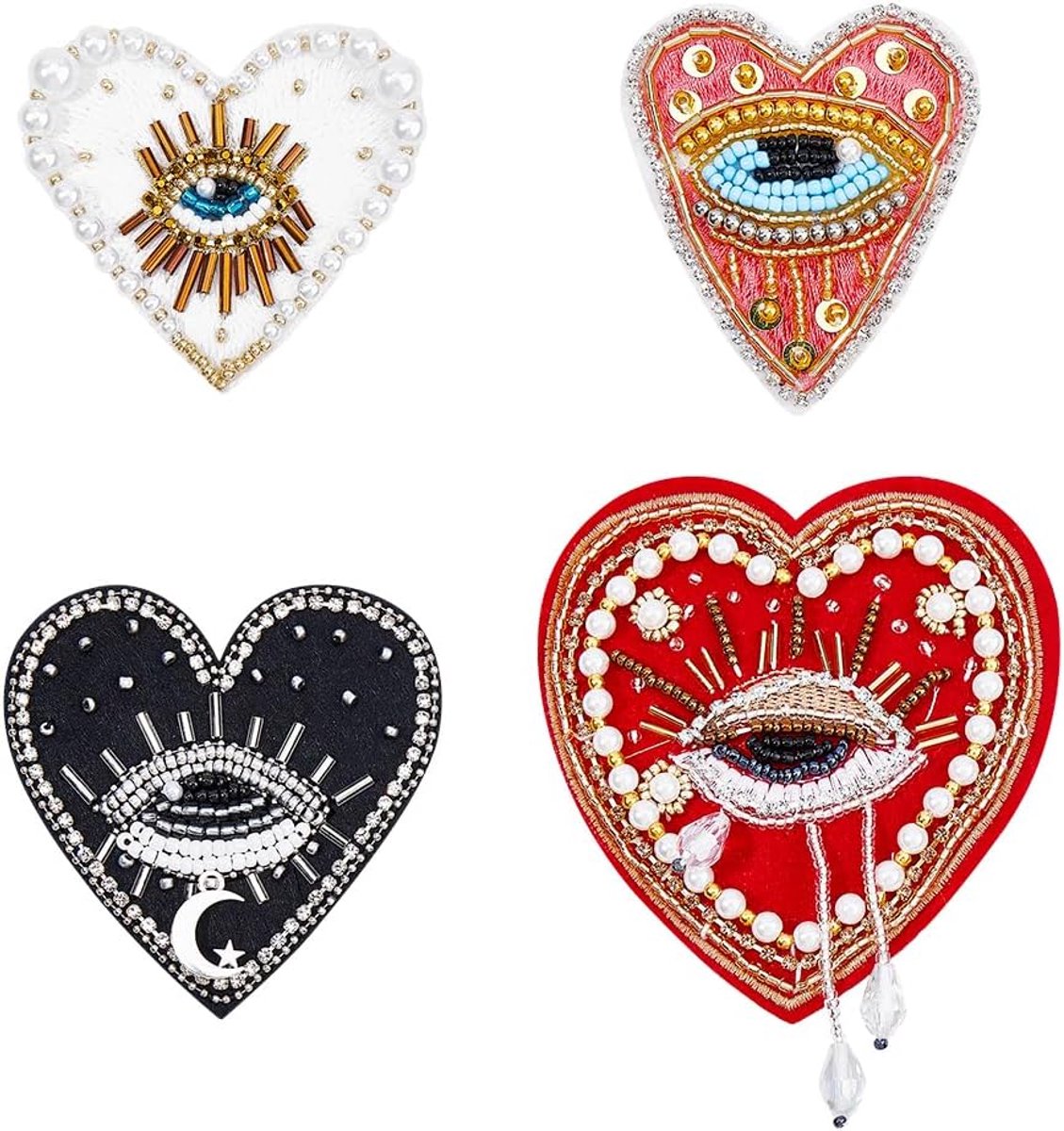 4 stuks 4 stijlen boze ogen hart kraal patches, strass boze ogen pailletten applicatie naaien op liefde applicatie patches met parels voor kleding decoratie handtas versiering jas accessoire